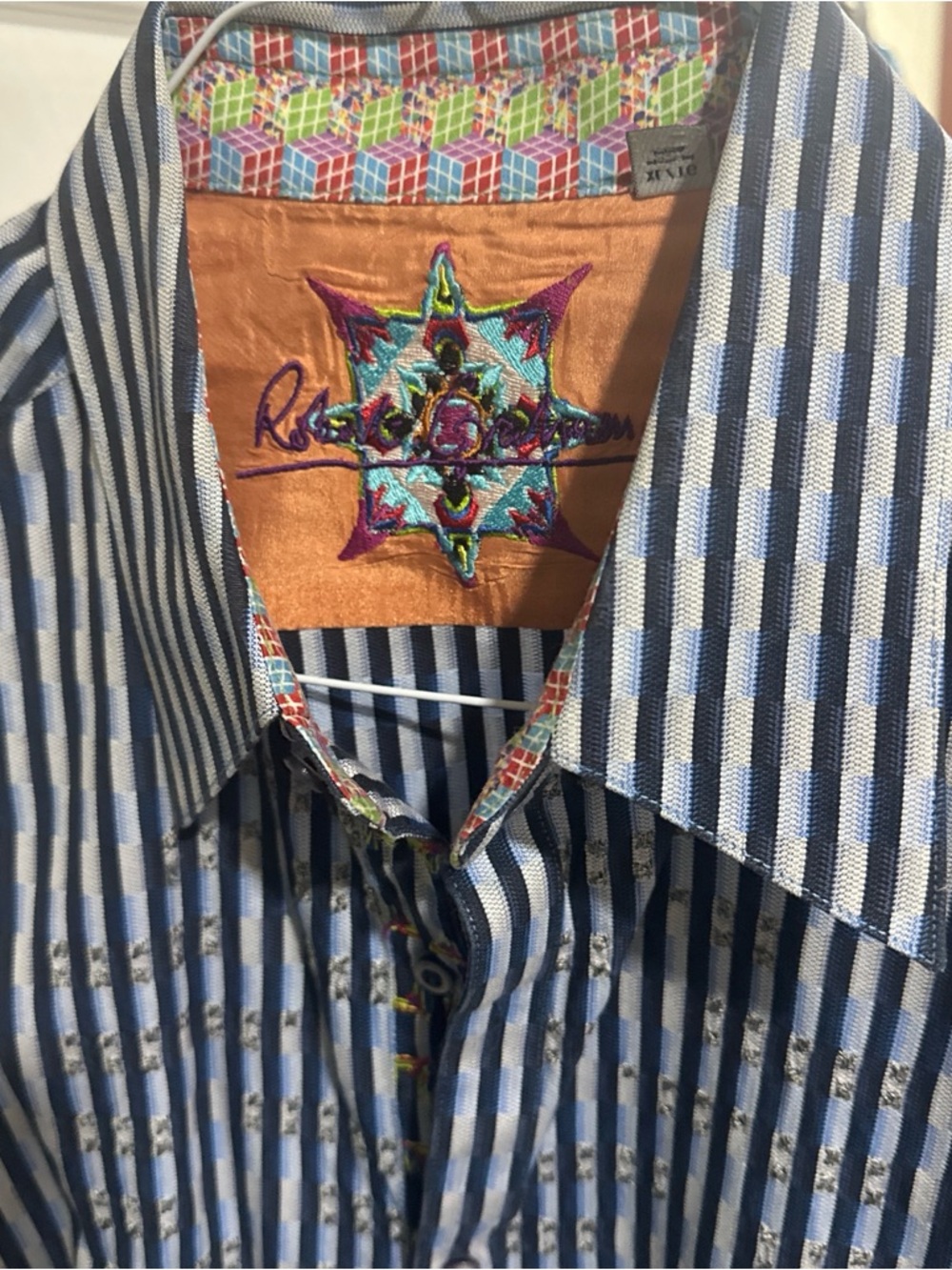 Robert Graham Blue & White Striped Button-Down Shirt with Colorful Contrast